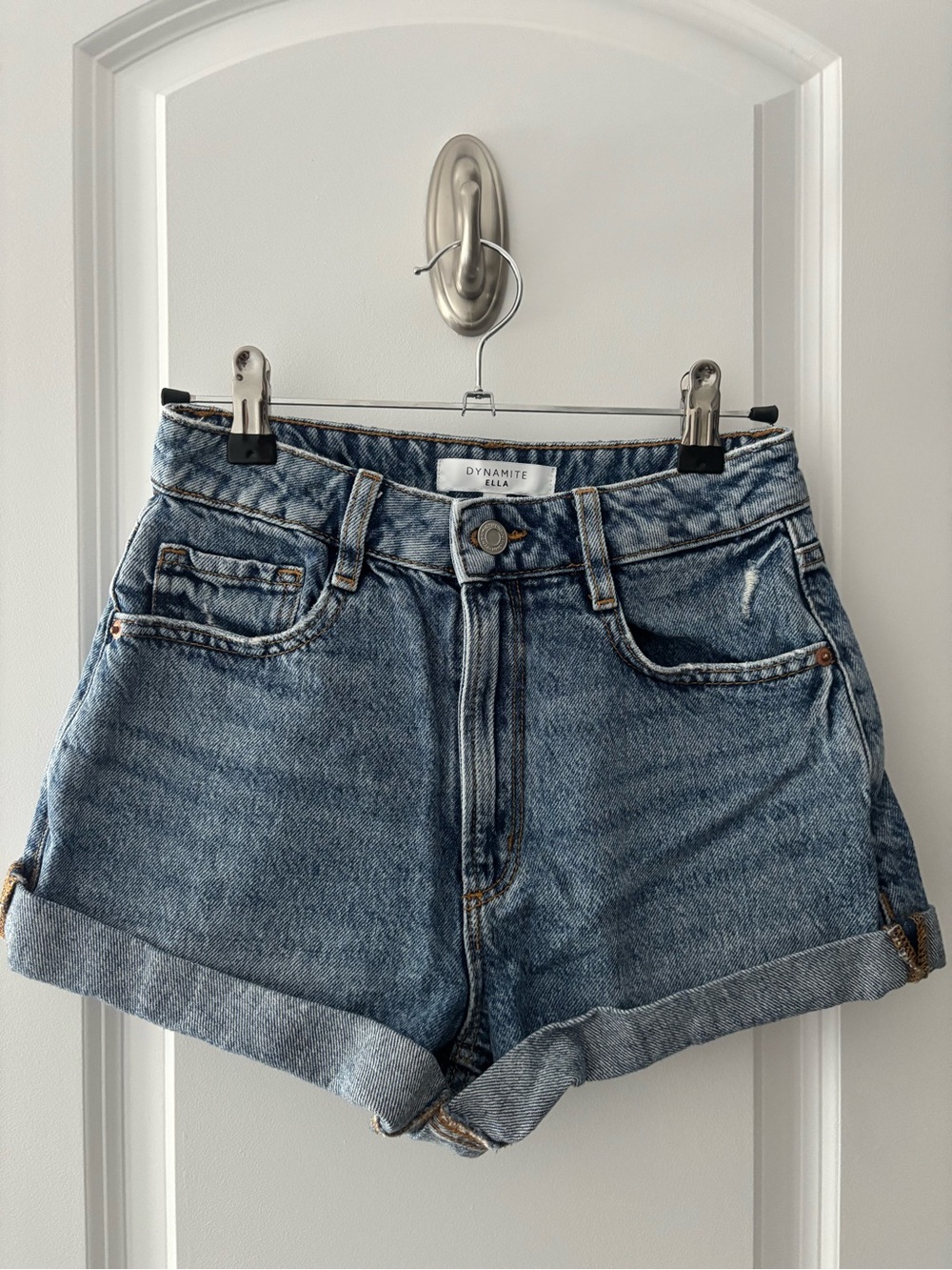Dynamite Washed Blue High-Rise Rolled Hem Jean Shorts